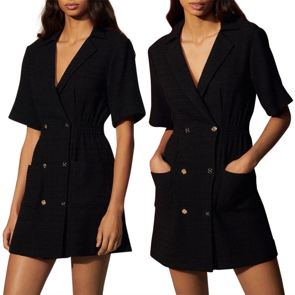 NWT Sandro Alize Mini Dress Black Tweed Double Breasted Notch Lapel Short Sleeve